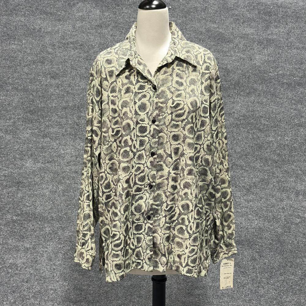 Vintage Abbey L Sportswear Shirt Womens XL Snakeskin Print Beige Button Up